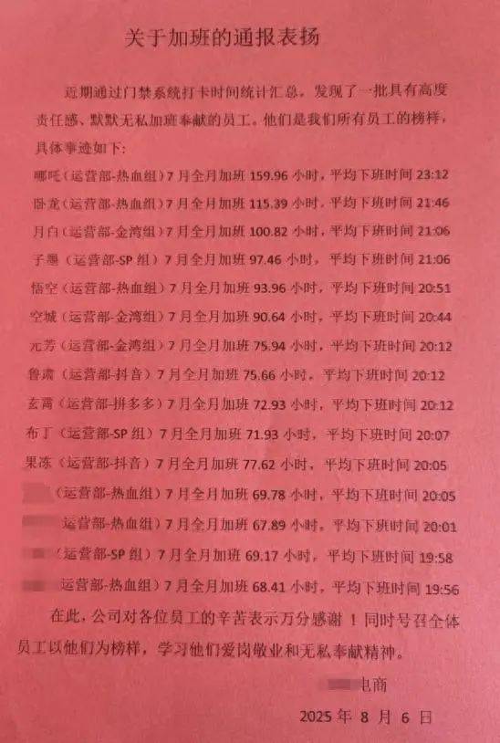 上海一公司通报加班表扬名单<strong></p>
<p>证券公司营业部</strong>，最高时长近160小时，工作人员称非强制，需申请会有加班费