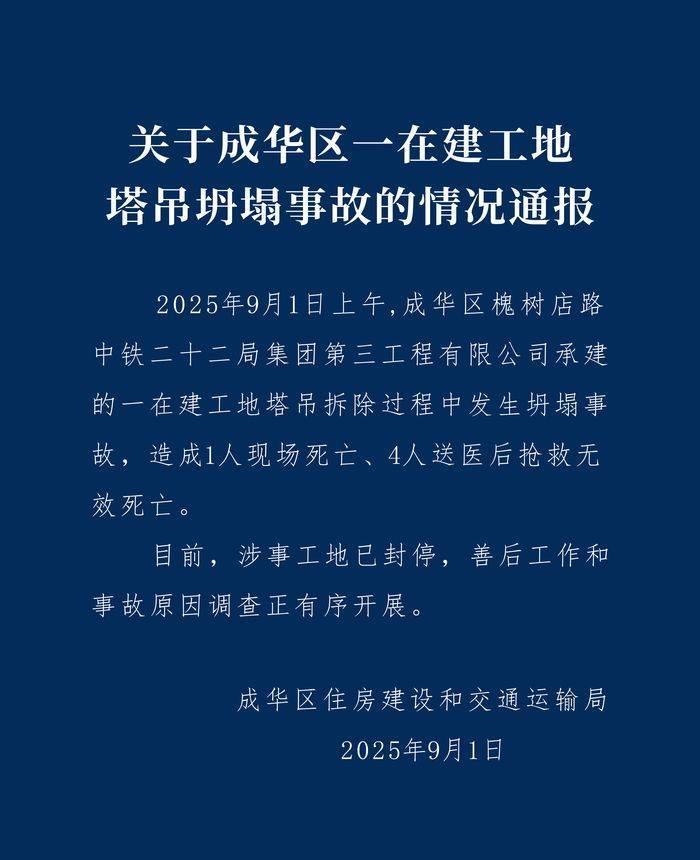 成都成华区：中铁二十二局一在建工地塔吊坍塌致5人遇难<strong></p>
<p>古越龙山</strong>，涉事工地已封停