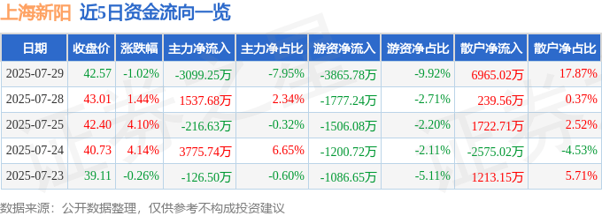 股票行情快报：上海新阳（300236）7月29日主力资金净卖出3099.25万元