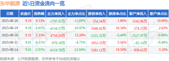 股票行情快报:东华能源(002221)8月20日主力资金净卖出1797.31万元