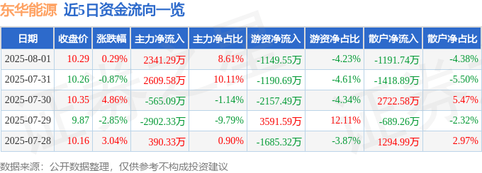 股票行情快报:东华能源(002221)8月1日主力资金净买入2341.29万元