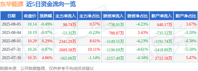 股票行情快报:东华能源(002221)8月5日主力资金净买入98.74万元