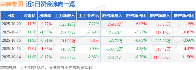 股票行情快报:尖峰集团(600668)10月20日主力资金净卖出323.12万元