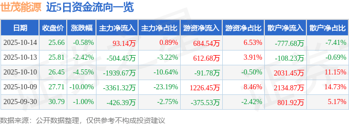 股票行情快报:世茂能源(605028)10月14日主力资金净买入93.14万元