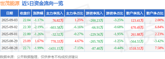 股票行情快报:世茂能源(605028)9月3日主力资金净买入76.82万元