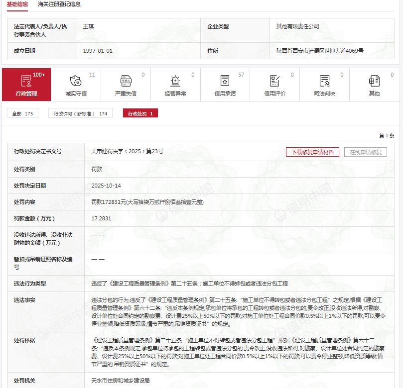 因违法分包的行为，中国水电三局收罚单