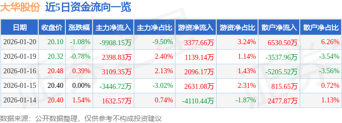 股票行情快报：大华股份（002236）1月20日主力资金净卖出9908.15万元