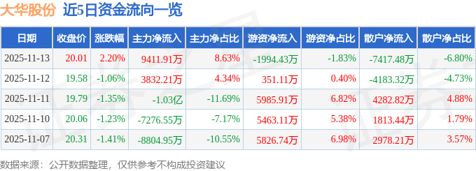 股票行情快报：大华股份（002236）11月13日主力资金净买入9411.91万元